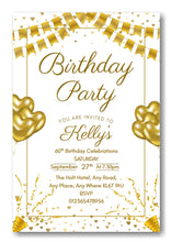 Load image into Gallery viewer, Gold &amp; white party themed birthday party / celebration invitation REF B77 can be made for any age
