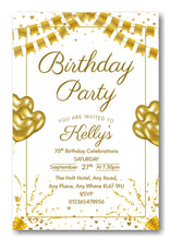 Load image into Gallery viewer, Gold &amp; white party themed birthday party / celebration invitation REF B77 can be made for any age
