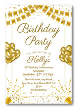 Load image into Gallery viewer, Gold &amp; white party themed birthday party / celebration invitation REF B77 can be made for any age
