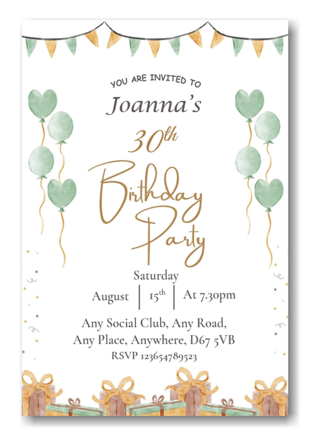 Mid green & white party themed birthday party / celebration invitation REF B78 can be made for any age