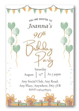 Load image into Gallery viewer, Mid green &amp; white party themed birthday party / celebration invitation REF B78 can be made for any age
