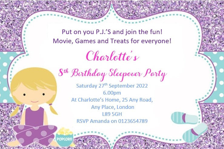 Personalised lilac pajama party Birthday invitations REF B7 Any age can be done