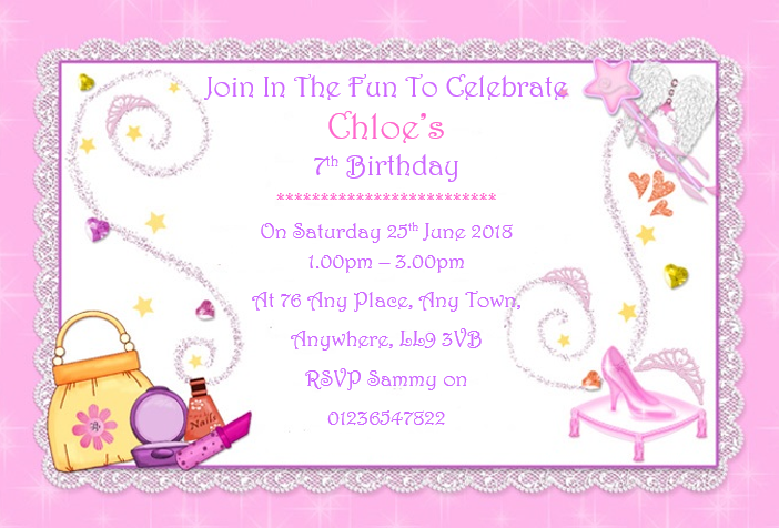 Pink personalised Birthday party invitations REF B9 Glitz & Glamour, pamper party