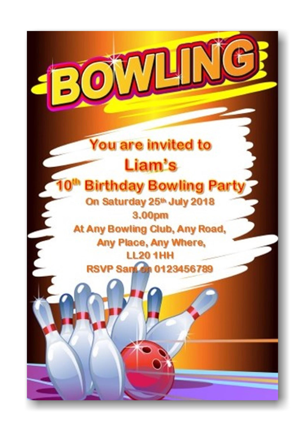 Personalised Bowling colorful bright Birthday party invitations  REF BB1 Any age can be done