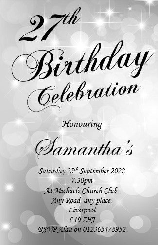 Silver personalised birthday celebration invitation REF BD100 can be made for any age