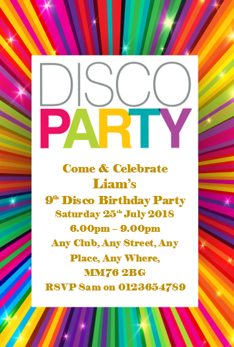 Colourful personalised Disco birthday party invitation REF BD14 can be made for any age