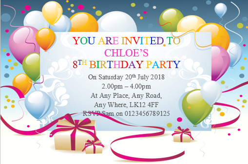 Colourful balloon & present design personalised birthday party invitation REF BD15 can be made for any age