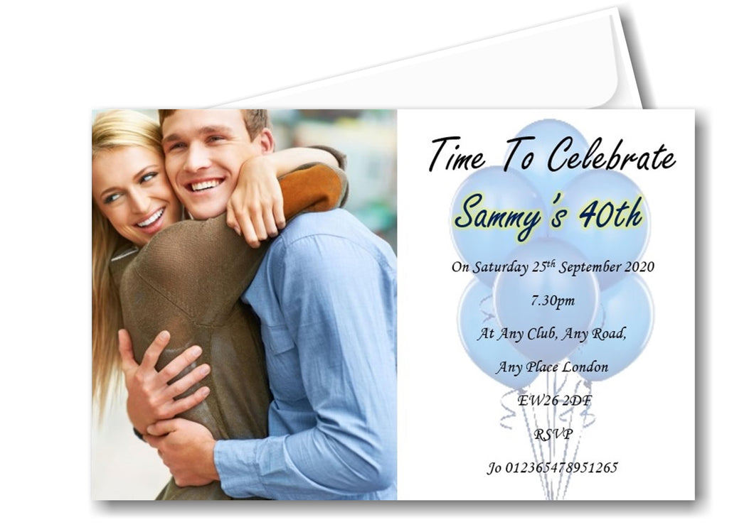 Photo & blue balloon birthday party invitation REF B75 can be made for any age surprise can be added