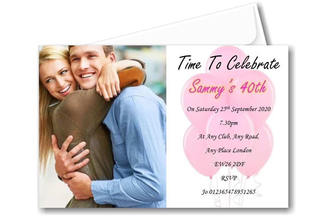 Photo & pink balloon birthday party invitation REF B76 can be made for any age surprise can be added