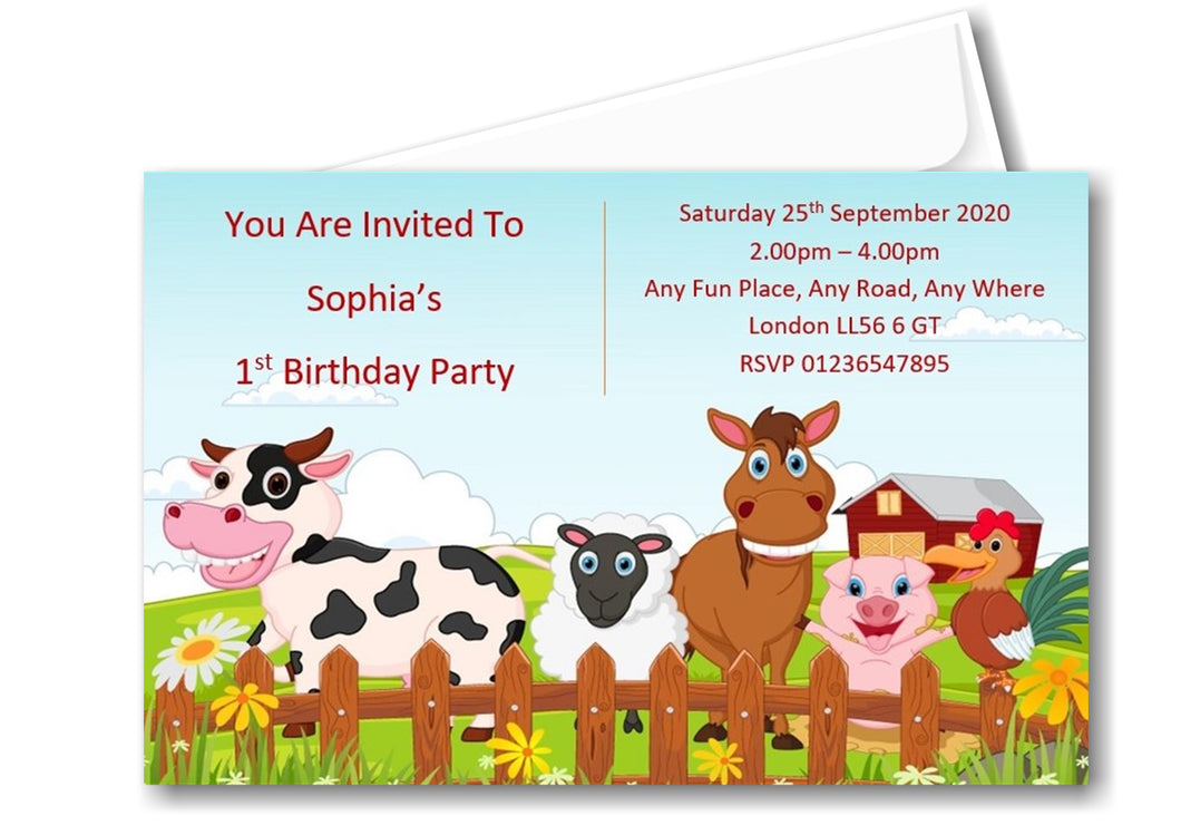 Personalised Farm yard animals Birthday party invitations REF BD79 Any age can be done