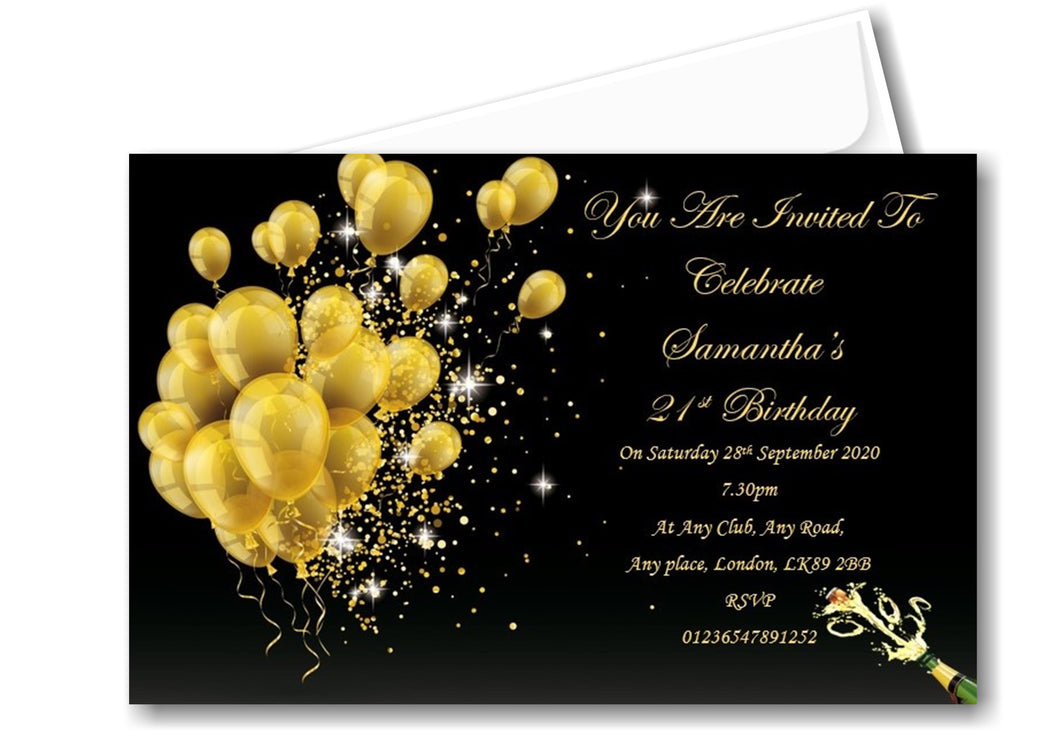 Black with balloon personalised birthday party invitation REF BD81 can be made for any age surprise can be added