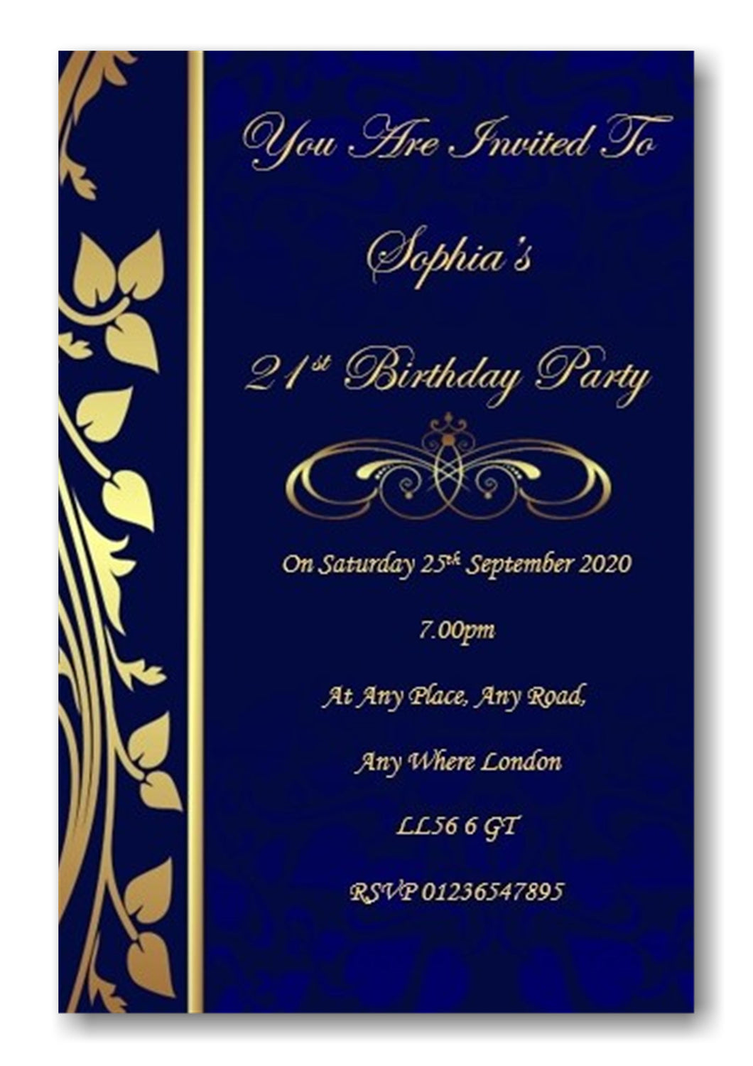 Blue & gold personalised birthday party invitation REF BD83 can be made for any age surprise can be added