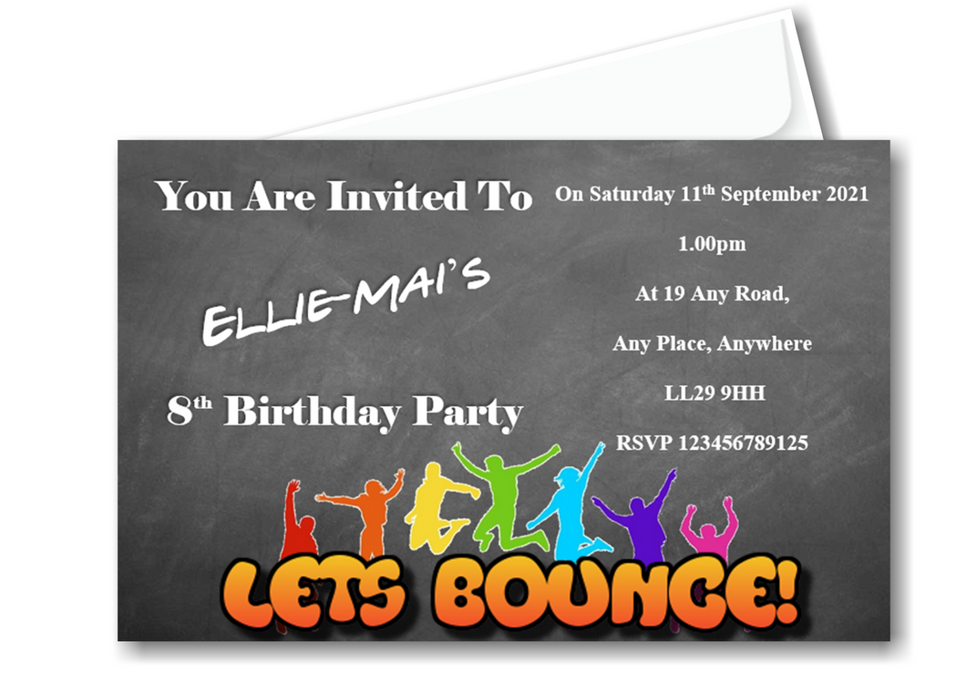 Personalised Lets Bounce Trampoline Birthday party invitations REF BD89 Any age can be done