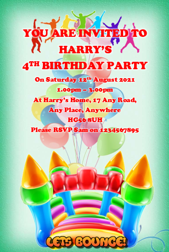 Personalised Colorful Bouncy Castle Birthday party invitations REF BD91 Any age can be done