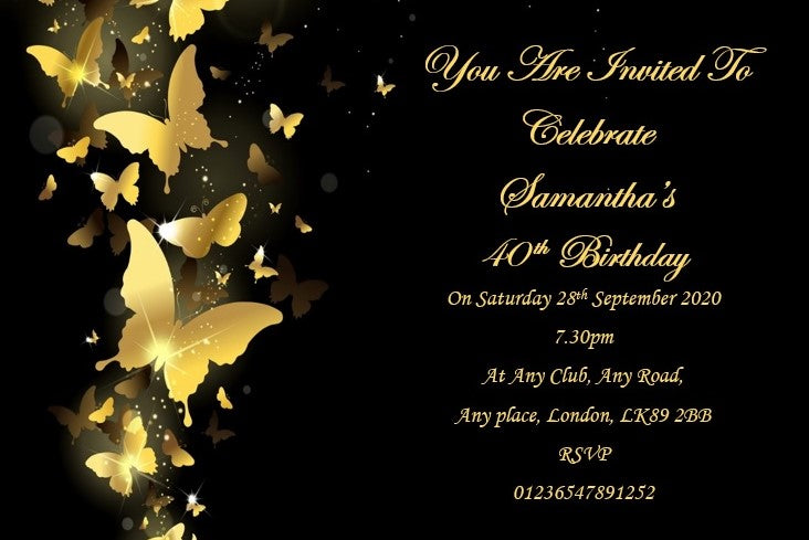 Black with butterfly design personalised birthday party / celebration invitation REF BD92 can be made for any age surprise can be added