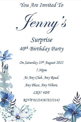 Surprise blue & white floral design personalised birthday party / celebration invitation REF BD94 can be made for any age