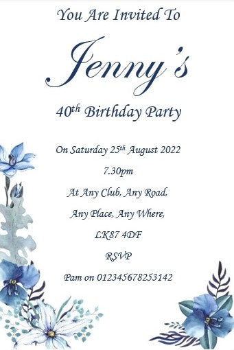 Blue & white floral design personalised birthday party / celebration invitation REF BD95 can be made for any age surprise can be added