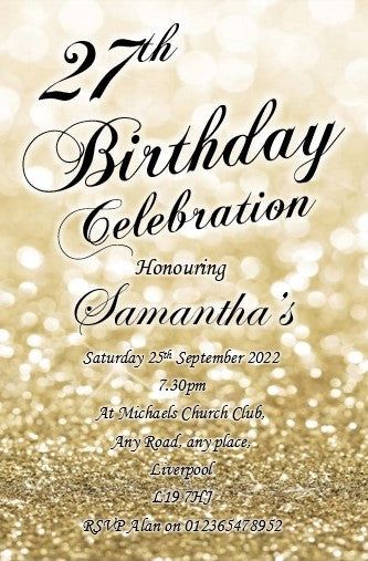 Gold glitz personalised birthday celebration invitation REF BD96 can be made for any age