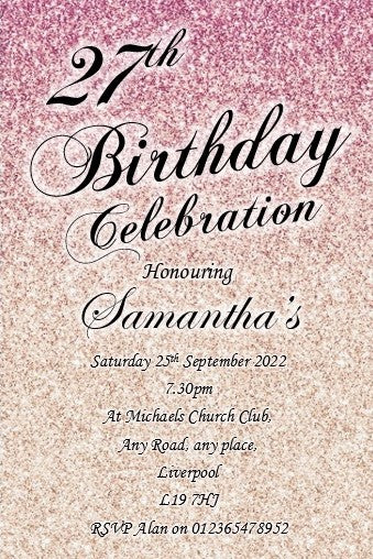 Pink glitz personalised birthday celebration invitation REF BD97 can be made for any age