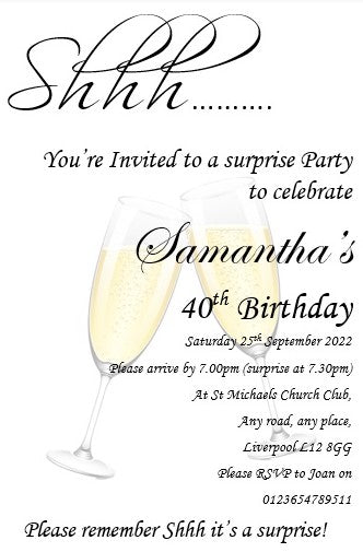 Surprise birthday celebration invitation REF BD98 can be made for any age