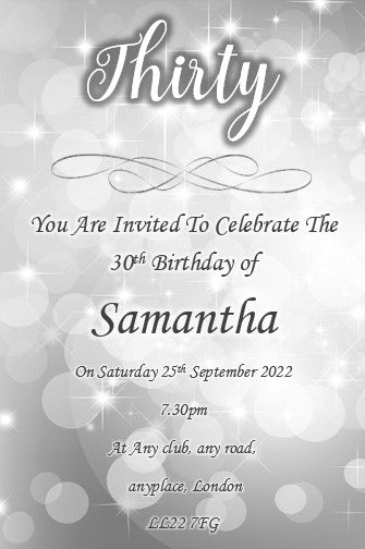 Silver personalised birthday celebration invitation REF BD99 can be made for any age