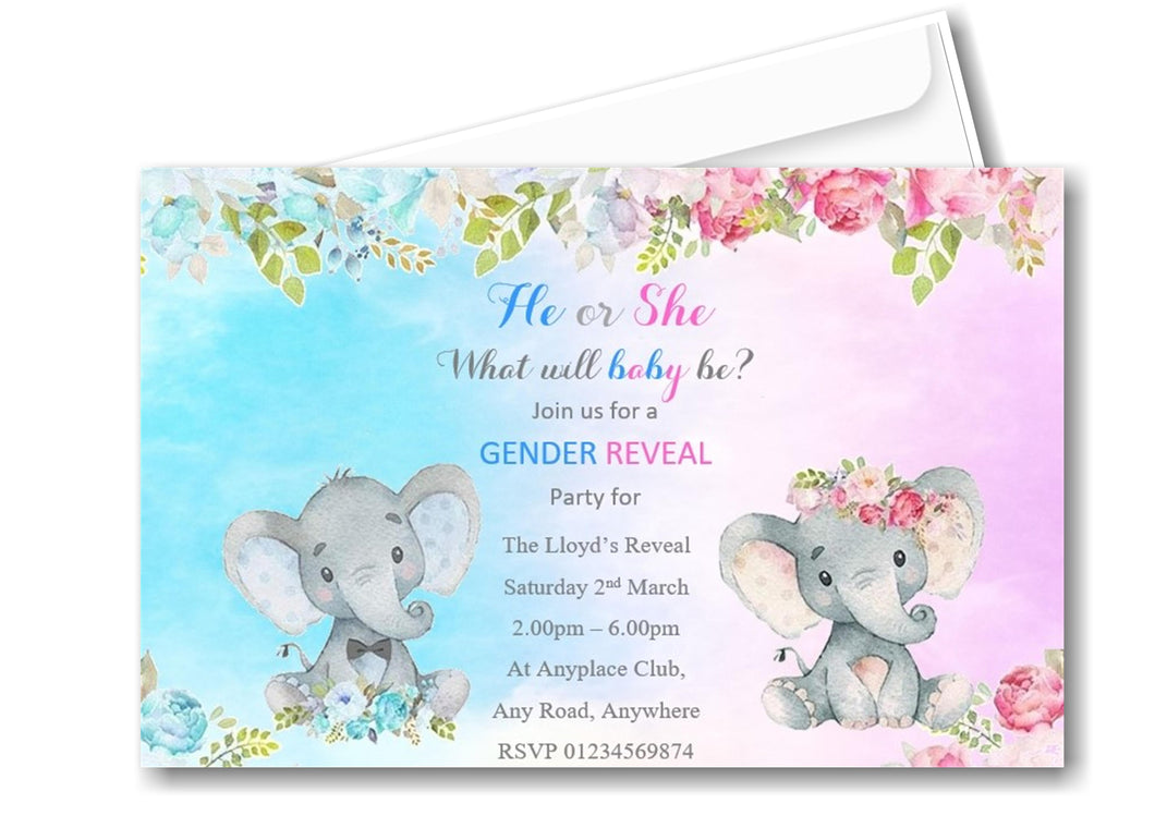 Unique Elegant He or She Gender Reveal Invitations, beautiful timeless design Ref BR1