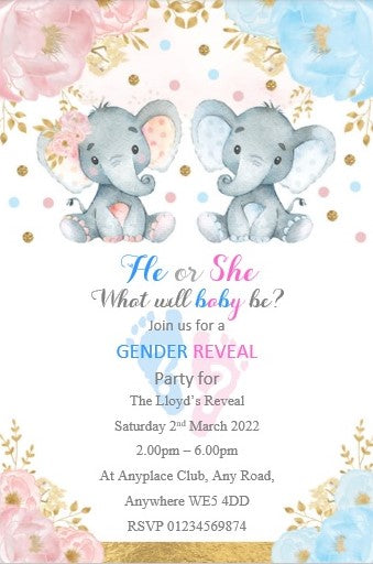 Unique Elegant Gender Reveal Personalised Invitations, elephant design Ref BR3