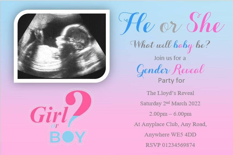 Beautiful Gender Reveal Personalised Invitations, timeless design with scan photo on Ref BR4