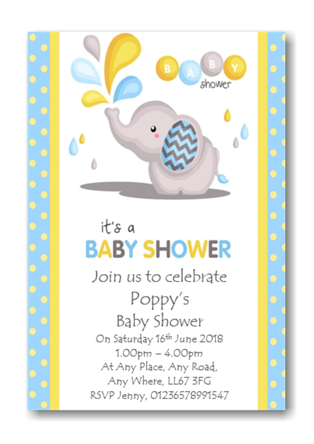 Super Cute Blue, White & Lemon Baby Shower Invitations elephant design Ref BS19