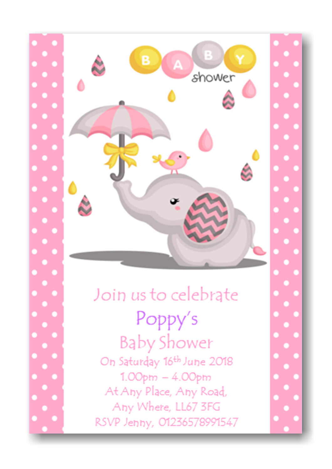 Beautiful Super Cute Pink, White & Lemon Baby Shower Invitations elephant design Ref BS22