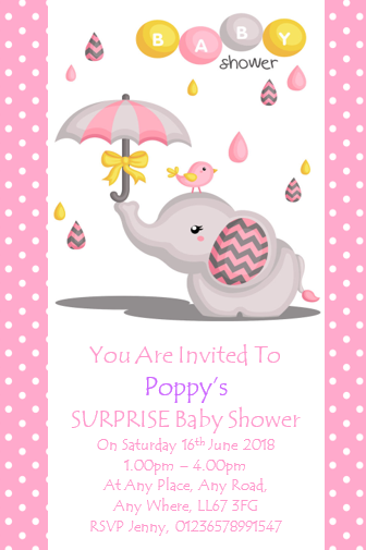 Beautiful Super Cute Surprise Pink, White & Lemon Baby Shower Invitations elephant design Ref BS24