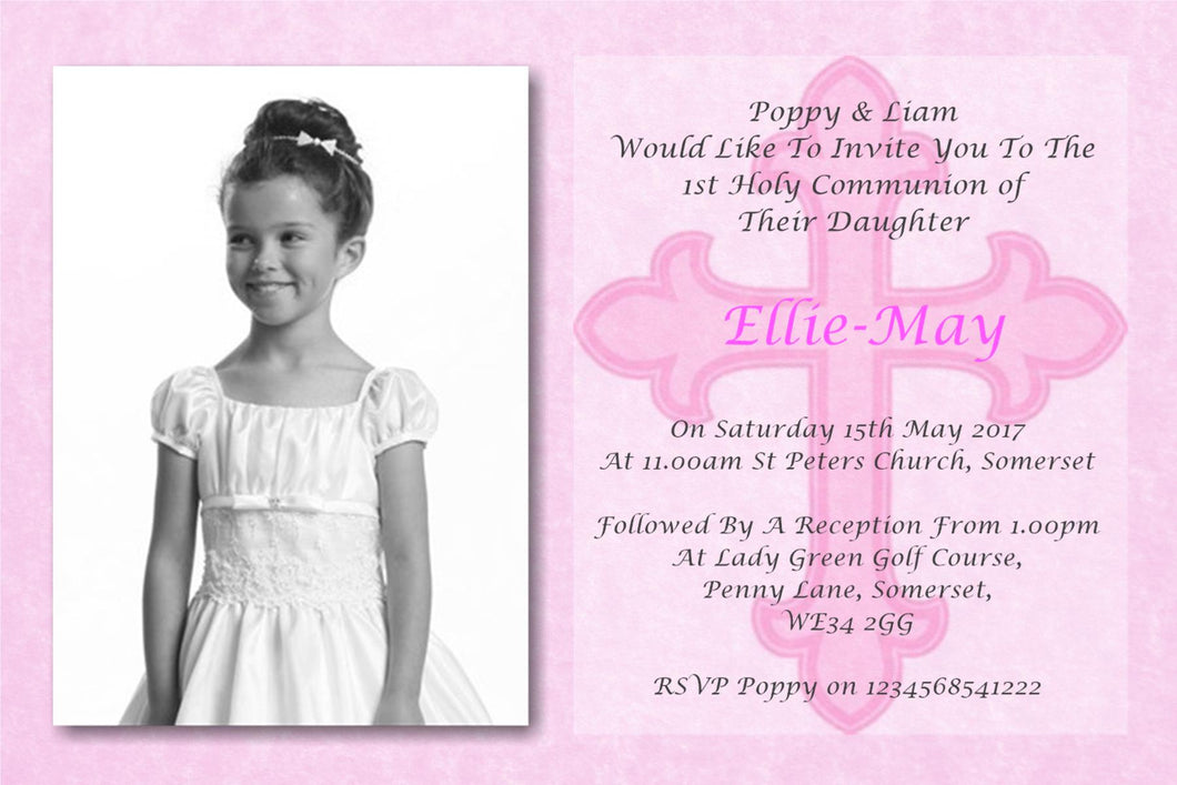 Stunning Pink Girls Holy Communion Invitation, Unique design with photo of your child Ref C11 Pink