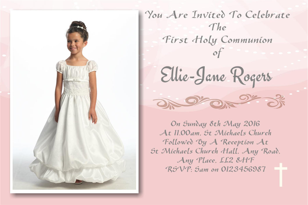 Unique Pink Holy Communion Invitation, with large photo of your child on Ref CM17