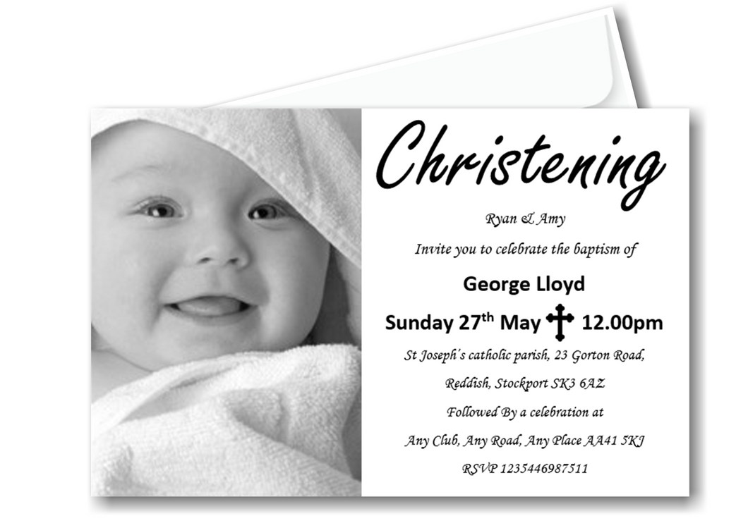 Beautiful Christening Invitation, a simple elegant design with a large photo of your child. Ref C64