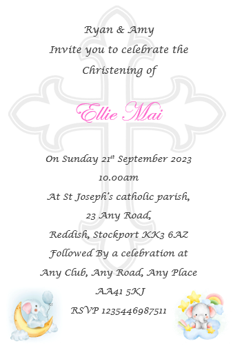 Unique Cute Christening, Baptism Invitation, super cute cross design Ref C68