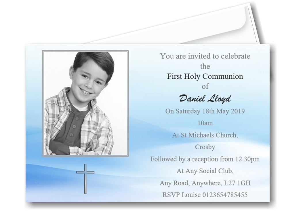 Beautiful Blue & White Holy Communion Invitation, timeless design with photo of your child Ref C6