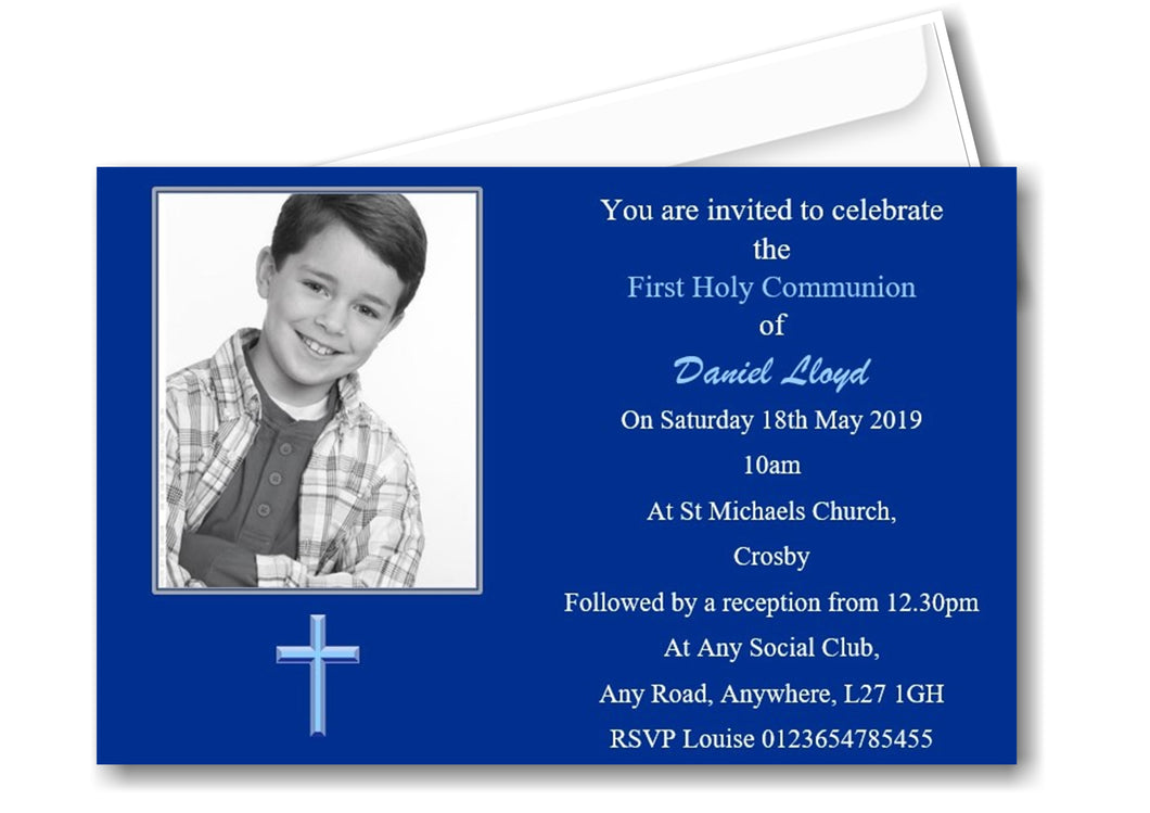 Beautiful Dark Blue Holy Communion Invitation, timeless design with photo of your child Ref C7