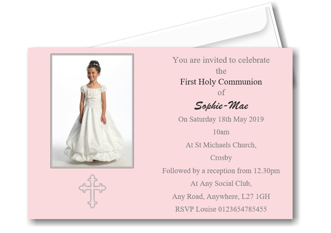 Elegant Girls Pink Holy Communion Invitation, timeless design with photo of your child Ref C8