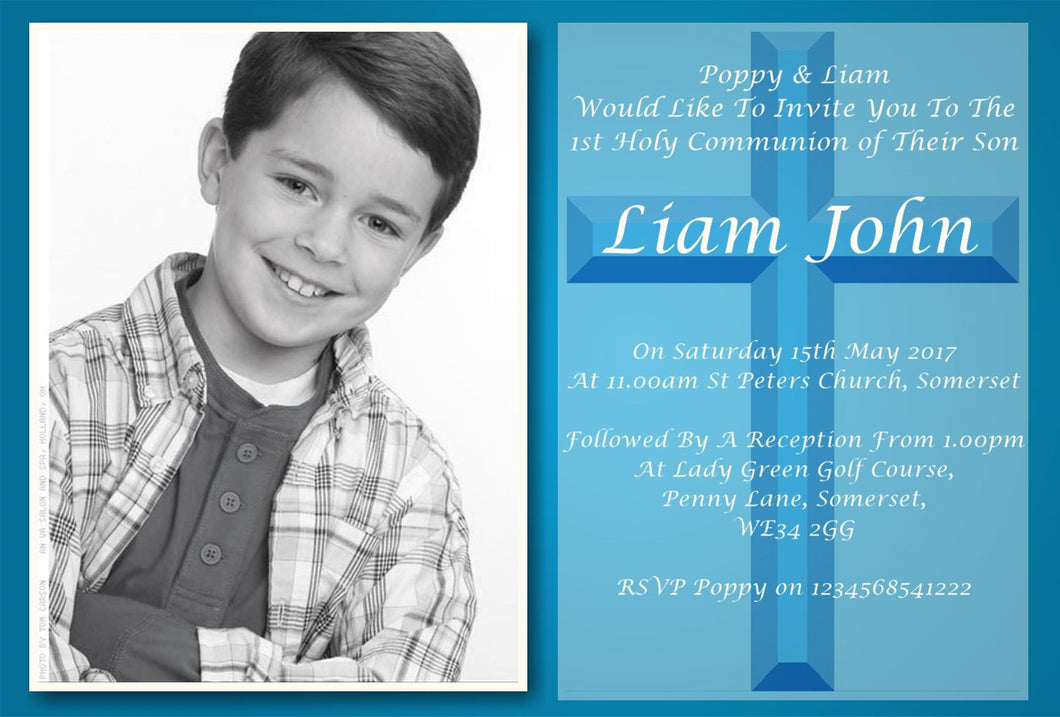 Stunning Boys Blue Holy Communion Invitation, Unique design with photo of your child Ref C11 blue