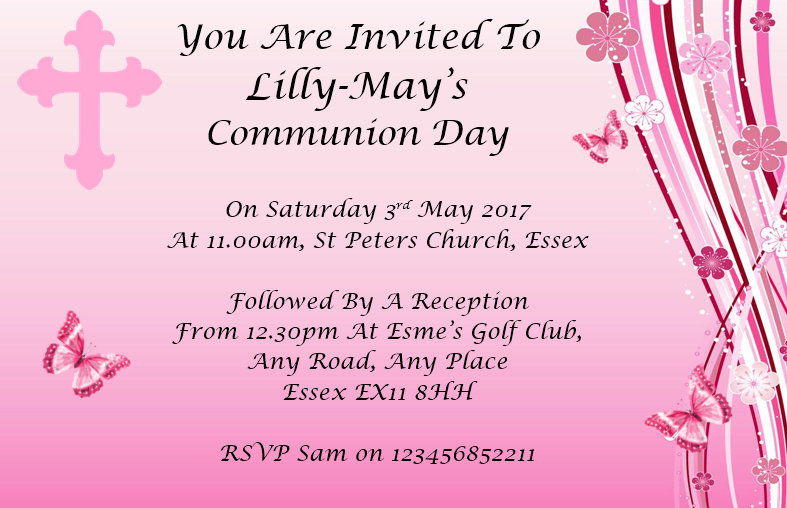 Beautiful Pink Holy Communion Invitation, butterfly design Ref CM10