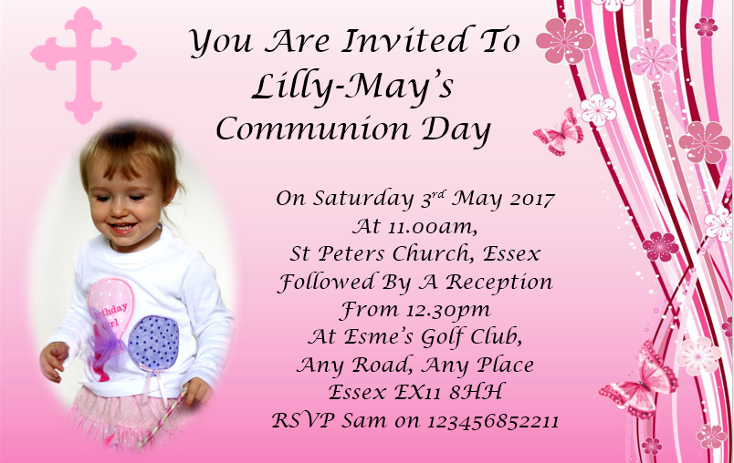 Beautiful Pink Holy Communion Invitation, butterfly design with a photo on Ref CM11