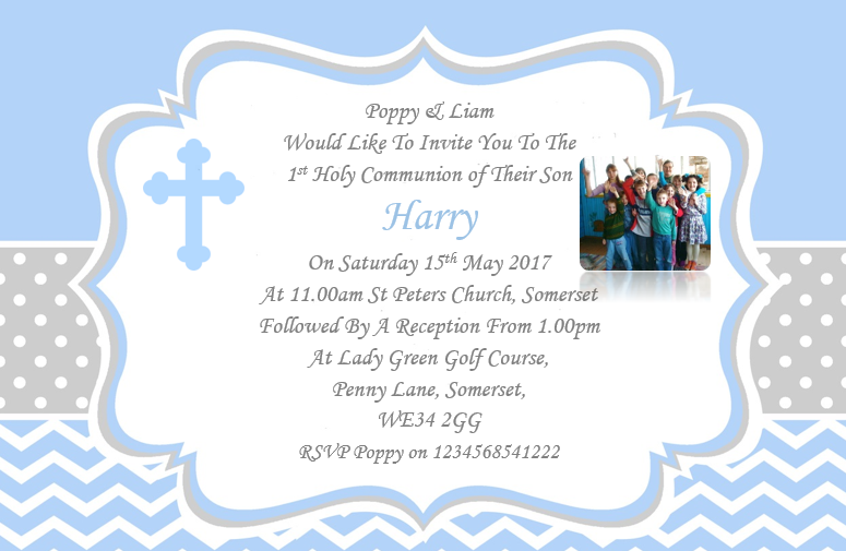 Stunning grey, Blue & white Holy Communion Invitation, Unique & timeless design with a photo of your child Ref CM12