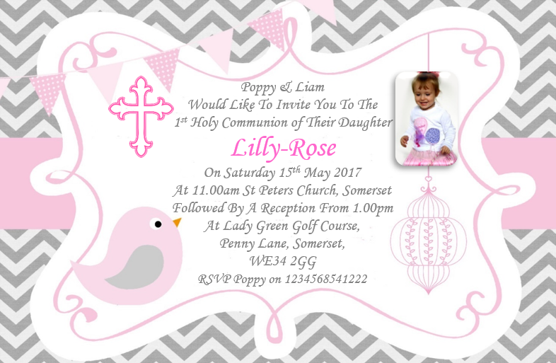 Stunning grey, Pink & white Holy Communion Invitation, Unique & timeless design with a photo of your child Ref CM14