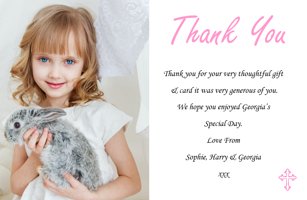 Beautiful Pink & White Holy Communion Thank you cards with photo on Ref CM1