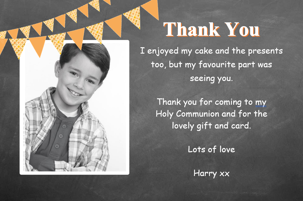 Funky Stylish Boys or Girls Holy Communion Thank you cards with photo on chalk board design Ref CM5