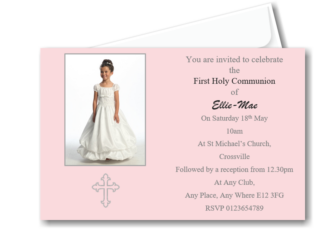 Stunning Girls Pink Holy Communion Invitation, with photo of your child on Ref CM6