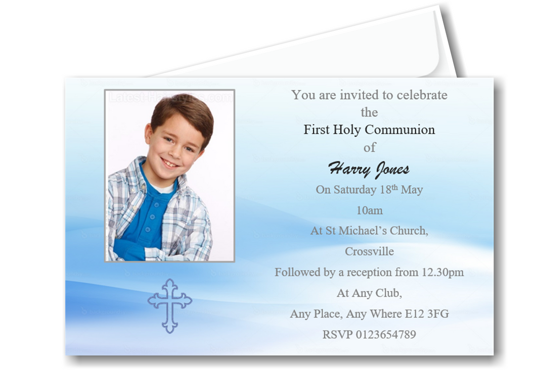 Stunning Boys Blue Holy Communion Invitation, with photo of your child on Ref CM7