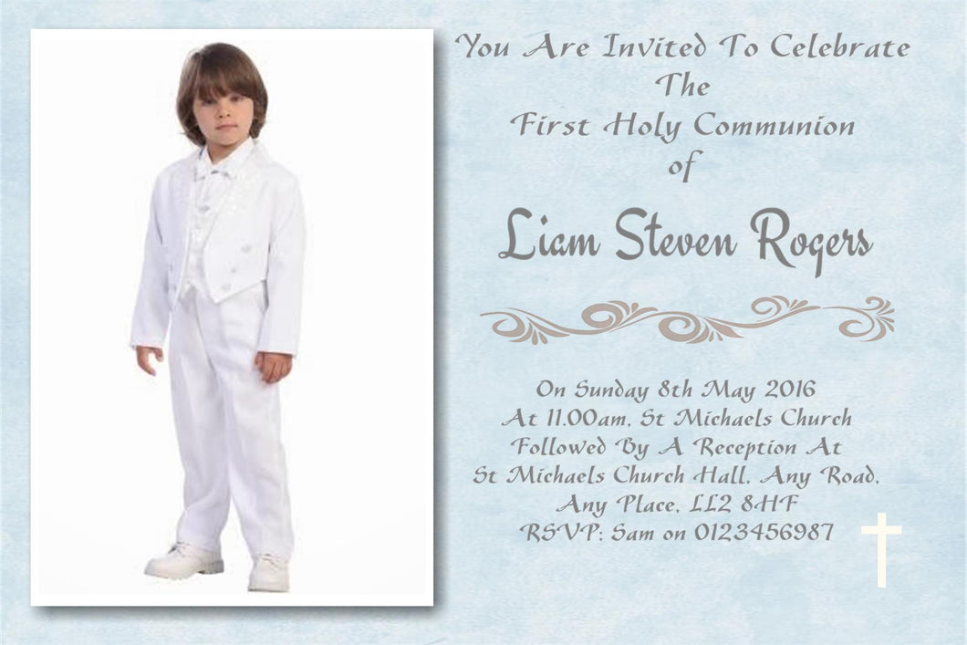 Unique Blue Holy Communion Invitation, with large photo of your child on Ref CM16