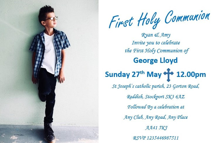 Elegant Holy Communion Invitation, with large photo of your child on Ref CM9