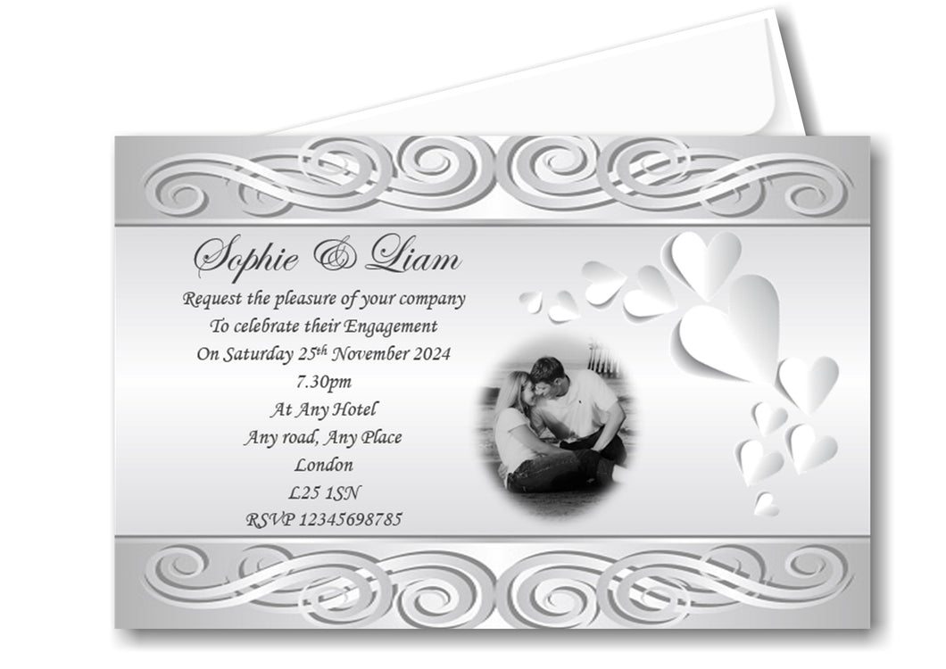 Beautiful silver/grey Engagement Invitation, a classy stylish design with clear fancy wording and a photo of the loving couple. Ref E10